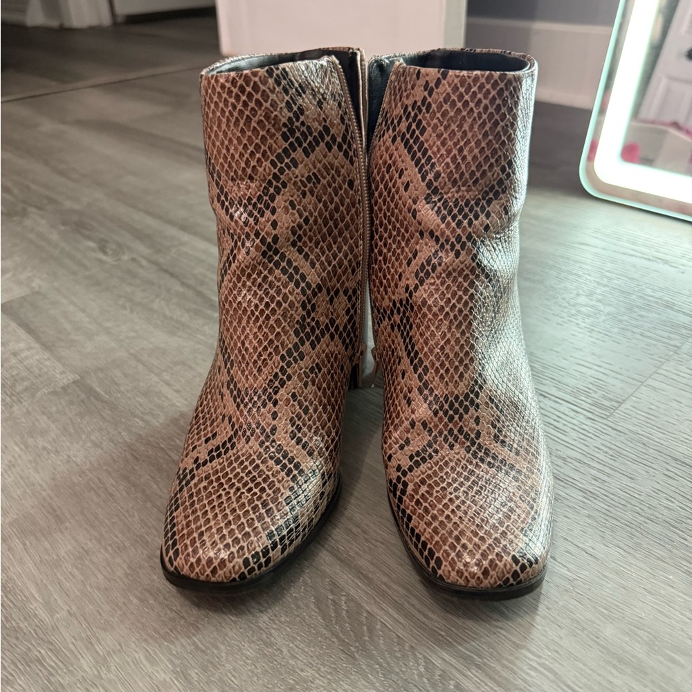 Brown Snakeskin Ankle Booties with Pointed Toe and Glossy Finish